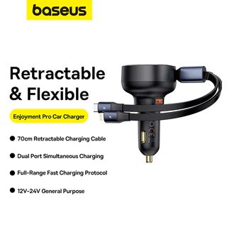 Carregador De Carro Baseus 60W Retráctil De Carga Rápida Tipo C & Cabo iP Embutido