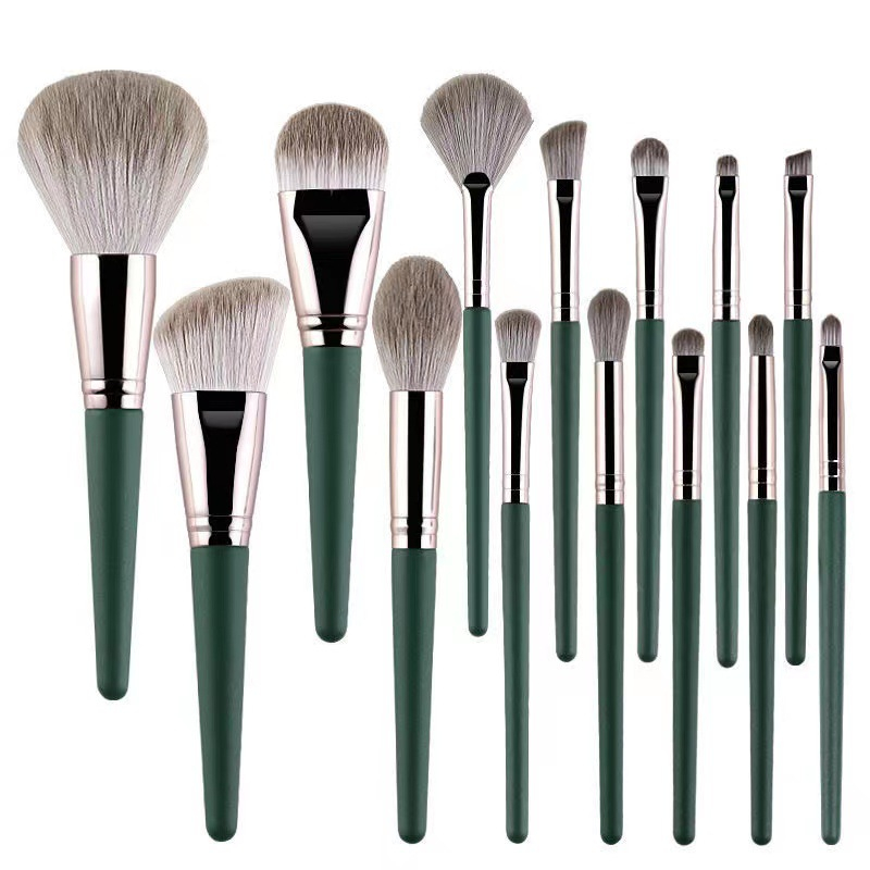 14 Unid . Conjunto De Escovas De Maquiagem Verde Profissional Kit De Escova Resistente Para O Contorno Da Face Do Cabo De Madeira Eyeshadow Brush Se