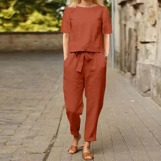 2024 Roupa de Linho de Algodão Feminino de Roupa de Verão de Meia Manga O-Neck Oversized Blusa e Calça de Perna Larga Conjunto Retro