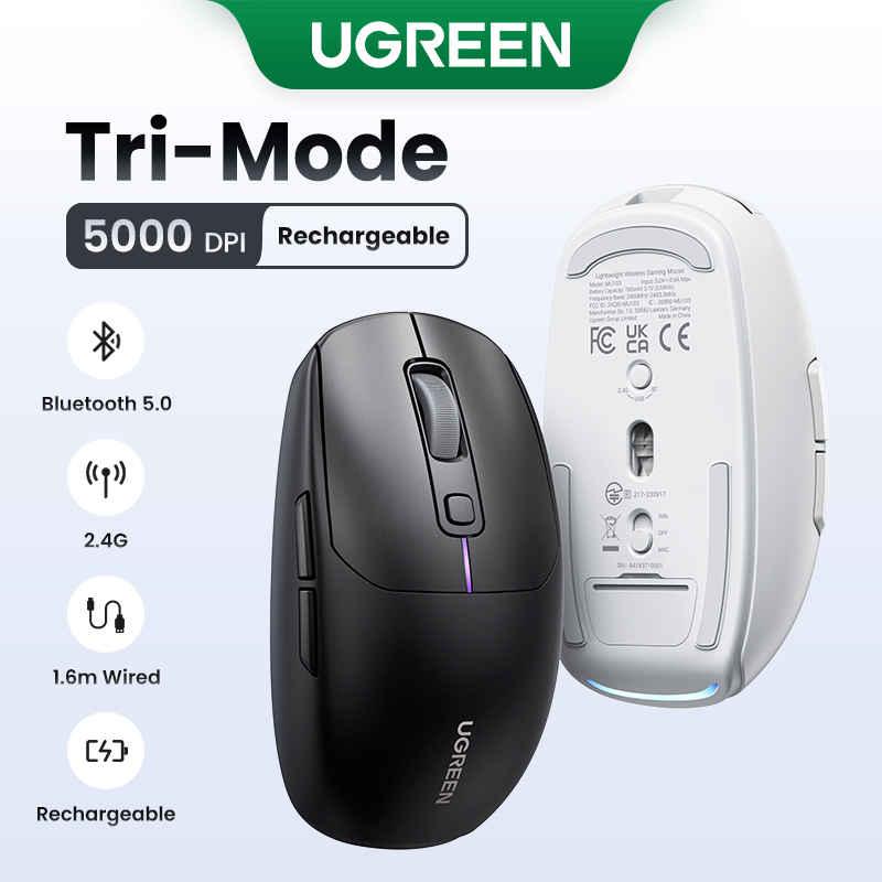 Rato Sem Fio UGREEN Gaming Mouse 5000DPI Bluetooth 5.0 2.4G Recarregável Gamer 6 Botões Para MacBook Tablet Laptops