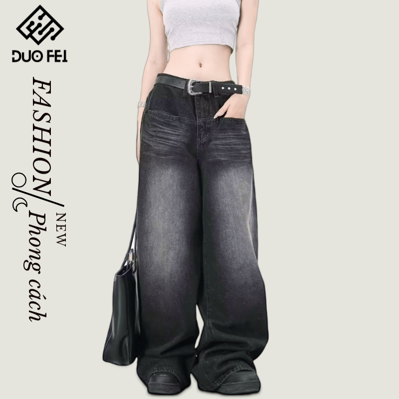 Moda Americana Lavagem retro baggy jeans Para Mulheres Simples Cor Sólida casual high street Perna Larga Reta Homem