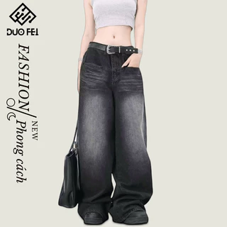 Moda Americana Lavagem retro baggy jeans Para Mulheres Simples Cor Sólida casual high street Perna Larga Reta Homem