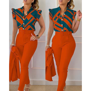 Camisa De Perna Larga + Calça Padrão De Cintura Alta Terno De Cinto casual