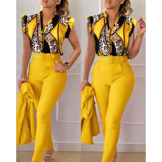 Camisa Feminina E Conjunto De Calças De Manga Curta , Terno Elegante Com Decote Em V , Estampado , Desbotado , Duas Peças , 2024