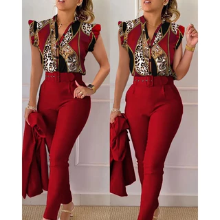 Elegante Conjuntos Femininos Slim De Duas Peças Moda De Verão Primavera Impressão V Botão De Pescoço Camisa De Manga Voadora Fatos De Cinto