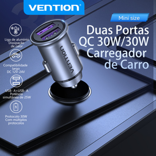 Carregador Veicular Vention 2 Portas QC3.0 USB A + A(30w/30w) COM LED,41.4mm comprimento padrão，Carregamento rápido Para Carro/Huawe/Xiaomi