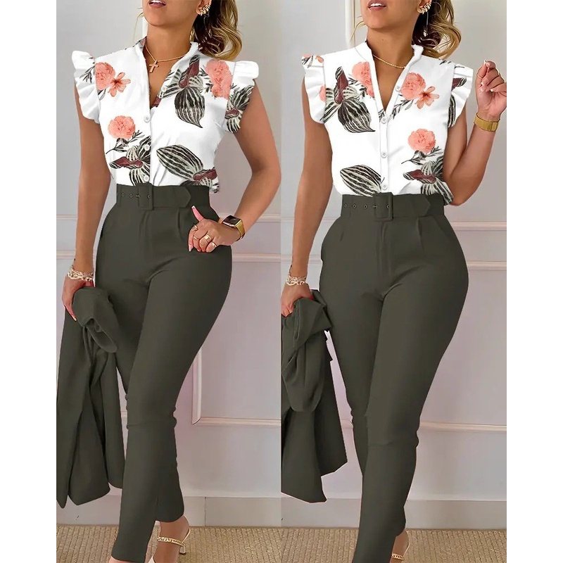 Elegante Conjunto De Duas Peças De Moda Feminina Slim Summer Fashion Spring  Print V Botão De Pescoço Fatos De Camisa De Manga Voadora