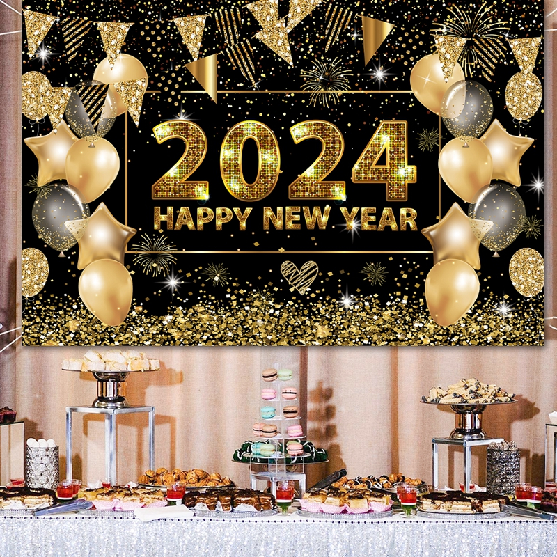 1000 * 150cm Feliz Ano Novo 2024 Fundo Glitter Balões Dourados Decorações Banner Poliéster Natal Festa De Suprimentos