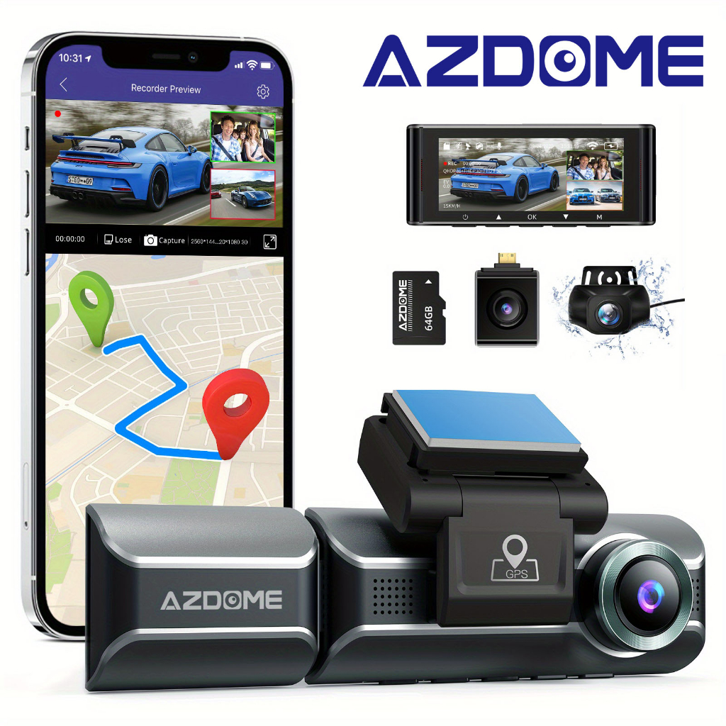 AZDOME M550 Dash Cam 3 Canais , GPS WiFi Embutido , Com Cartão De 64GB , IPS De 3,19 " , Visão Noturna IR , Capacitor , Modo De Estacionamento Amazon hot sale , Preço Baixo Em Todos Os Lugares
