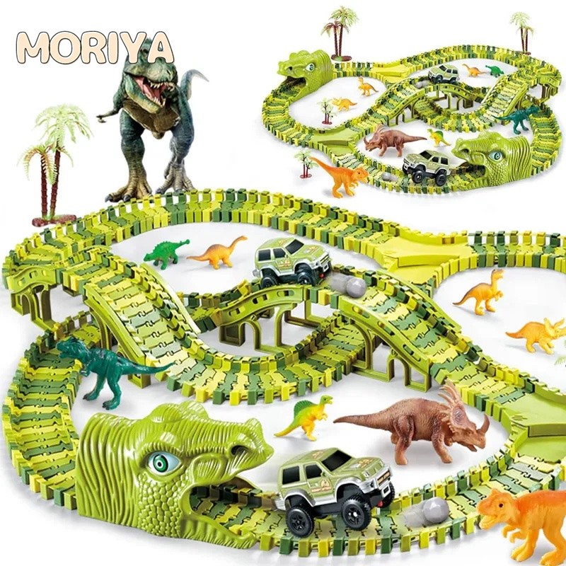 128-320Pcs/Set Carro De Corrida Elétrico Montagem De Pista Puzzle Dinossauro Cena Crianças Brinquedo