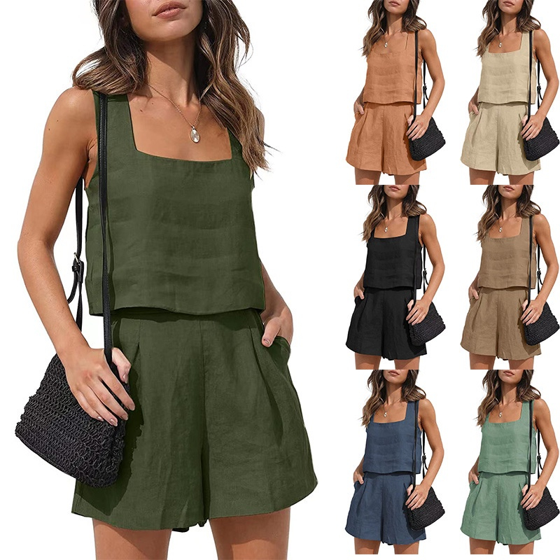 Conjunto Feminino De Roupa De Linho Topo De Tanque Perna Reta Calções Sexy Casual De Duas Peças Moda Urbana Simples Monocromática
