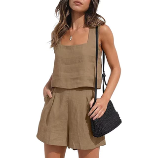 Conjunto De Roupa De Linho Feminino Perna Chata Sexy Calções Casuais Duas Peças Moda Urbana Monocromática Simples