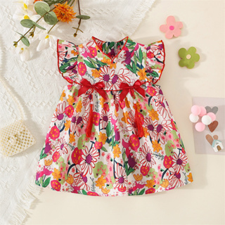 2023 Summer New Vintage Style Baby Girls Dress Mid-Autumn Festival Roupas Sem Mangas Para Crianças Red Flower (0-3 Anos De Idade)