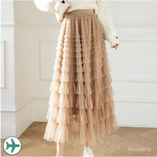Outono Coreano Estilo Malha Puffy Cake Saia Longa Elegante Vintage Elástico Cintura Alta Bata De Tule De Gaze QT1989