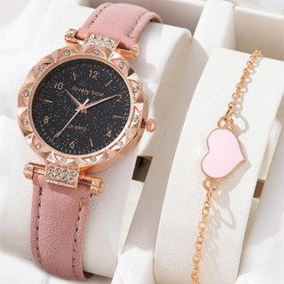 2 Pcs/Set Flower dial Em Forma De Flor Relógio De Couro Mulher Starry Sky Fashion Women Quartzo