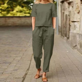 2024 Moda Roupa de Linho de Algodão Feminino Verão de Meia Manga O-Neck Oversized Blusa e Calça de Perna Larga Conjunto Retro