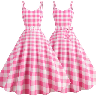 Moda Feminina Barbie Vestido De Noite Pink plaid Festa De Verão sexy Cabresto Retro Look slimmer swing dress