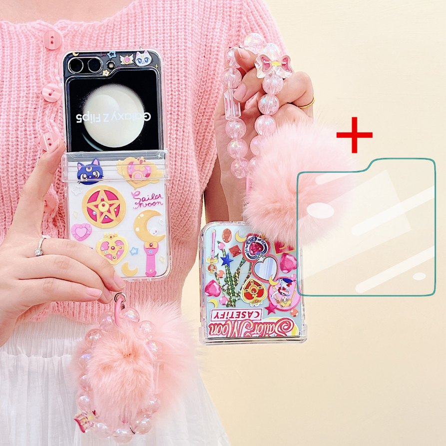 Samsung Galaxy Z Flip 5 3 4 5G 3em1 Desenho Animado Bonito Sailor Moon Beauty Warrior Com Corrente Pendente ZFlip 3 4 5 ZFlip5 4 3 Estojo De Filme Protetor Para Telefone PC Rígido