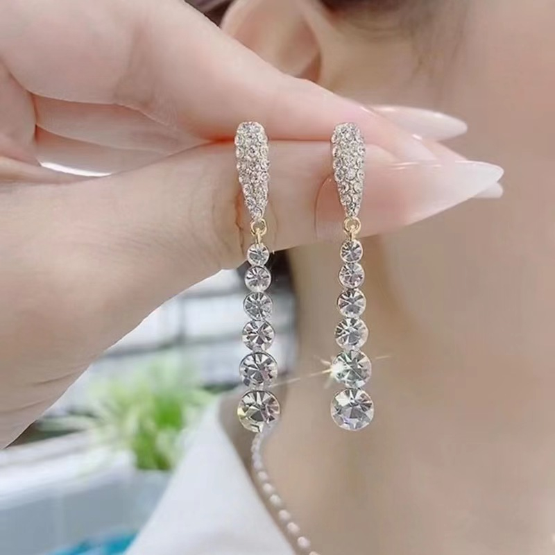 Brincos Longos Diamante Moda Temperamento Face Fina