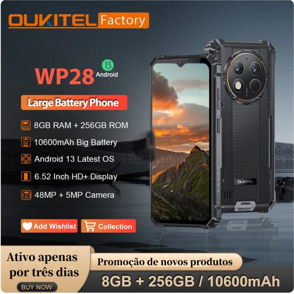 BR OUKITEL WP28 8GB 256GB Smartphone Robusto 10600mAh Android13 Telefone Celular 48MP Câmera 6.52 Polegadas Display NFC Celulares