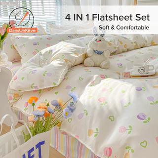 DANSUNREVE 4em1 Conjunto De Lençóis Floral Tulip Flower Impressão Algodão Planos De Cama Cobertura Qulit Rosa Conjuntos De Soft Bedding Sets Single/Double/Queen/King Tamanho
