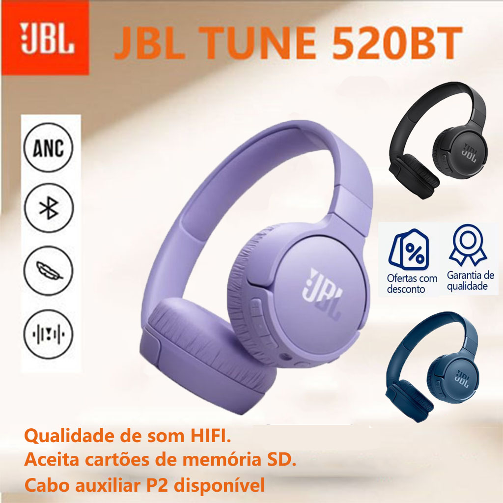 Jbl T520BT /E520BT /tune 520bt Bluetooth 5.3 Fone de ouvido sem fio Subwoofer Esportivo Cancelamento de ruído Microfone dobrável
