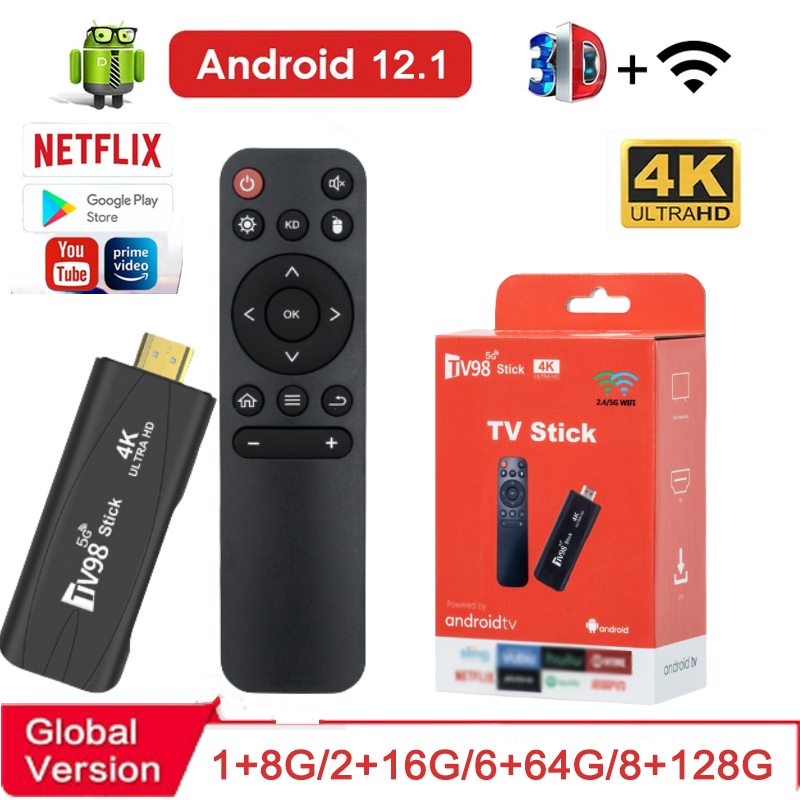 Stick De TV Global 4K Com Sistema Android 12.1 Smart TV98 Media Streaming Dual 2.4G 5G Wifi 8GB/128GB 4K HD