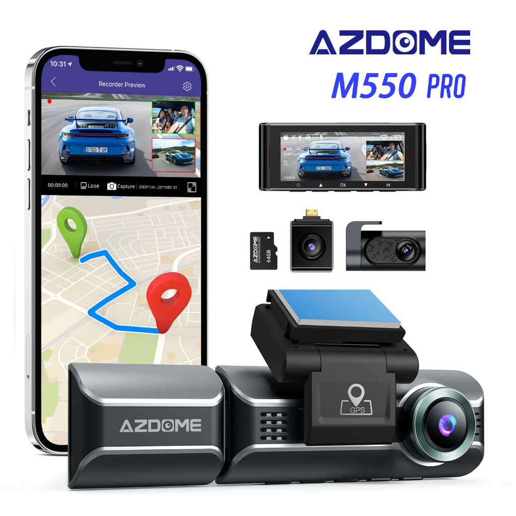 AZDOME M550 Dash Cam 4K 3 canais, GPS WiFi integrado, com cartão de 64 GB, IPS 3,19 ", com três câmeras, adequado para uber/99/indriver, vendedor autorizado genuíno