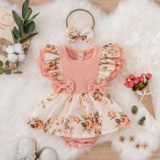 Baby Girls Cute Elegant Ribbed Romper Elegante Com Decoração Floral E Conjunto De Fita De Cabeça De Arco Para O Verão