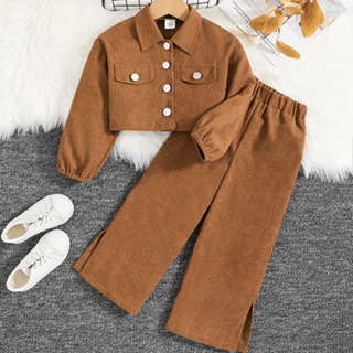 Siyyyis Conjuntos Estilo Coreano 8-12 Anos Roupas De Corduroy Para Meninas Crop-Top & Pants Fatos Casuais Diários Com Primavera De Outono