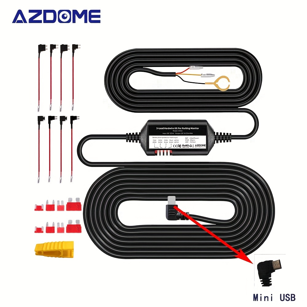 AZDOME 3-Lead Acc Hardwire Kit Mini-USB Porta Para M550 Dash Cam , M63 , M01 , M01PRO , 12ft Com Fusível , Modo Monitor De Estacionamento 24H , Converte 12V-24V Saída 5V/2.5A Max , Baixa Tensão