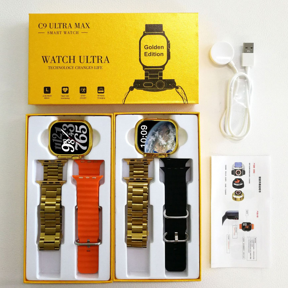 2023 C9 Ultra MAX Gold Smart Watch NFC Relógio Smartwatch Sem Fio Bluetooth Chamada Homens Mulheres Esporte Série PK HK9PRO/HK8PROMAX
