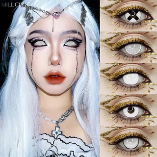 Mill Creek 2pcs Cosplay Lentes De Contato Com A Maquiagem Dos Olhos Traje De Halloween 14,5mm Todas As Brancas Horror Crazy Ghost Contatos Para Brincar