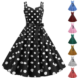 Vestidos De Verão Vintage 50S 60 Pin Up Festa Esparguete Polka Dot