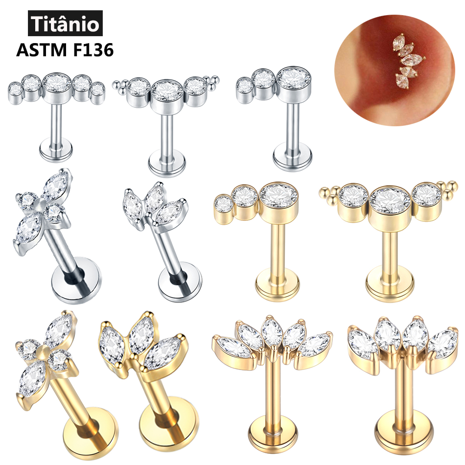SWANJO Brinco De Orelha De Titânio Tragus Stud Rosqueado Interno CZ Cristal Piercing Labret Ring Cartilagem Helix Body Jewelry
