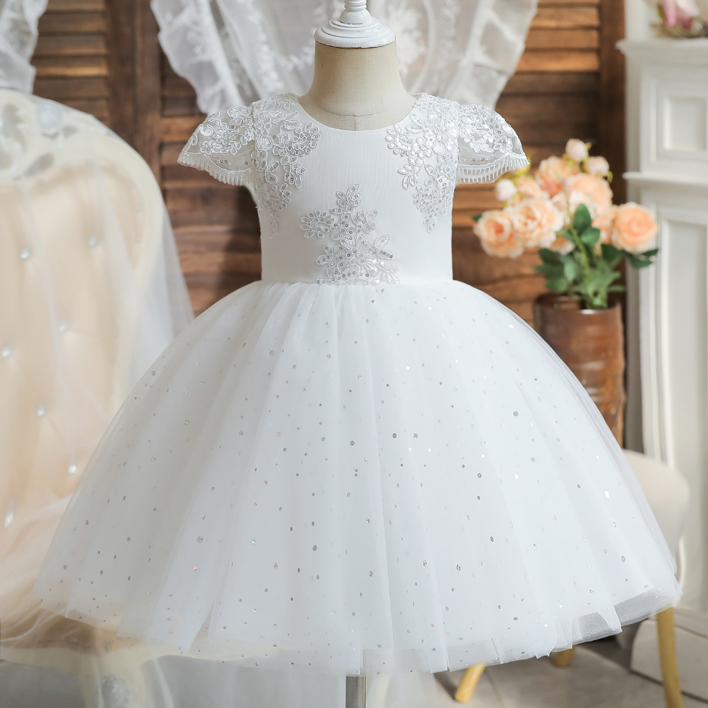 WFRV Flower Girl Dress Embroidery Applique Lace Dresses for Kids Wedding Birthday Gown with Bow Girl Princess Dress
