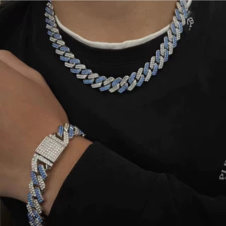 Colar de Corrente Cubana de 15mm de Hipopótamo de Corrente Cubana de Hip Hop Azul Rosa Colar de Prisma de Faixa Quadrilateral Homem