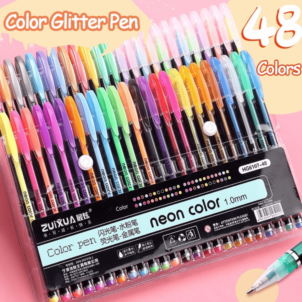 Kit com 12/24/36/48 Cores Caneta Gel Canetas Coloridas Tinta Glitter Pastel Neon Metal Escolar/Glitter , Metálico , Rosa E Neon