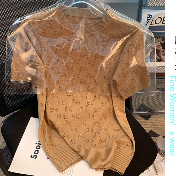 G G Fino manga curta camiseta de seda fria vazada suéter de seda fria