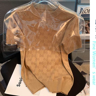 G G Fino manga curta camiseta de seda fria vazada suéter de seda fria