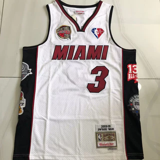 Bordado Requintado Jersey Mens Miami Heat Dwyane Wade Mitchell Ness 2003-19 Clássicos De Madeira Dura-Branco