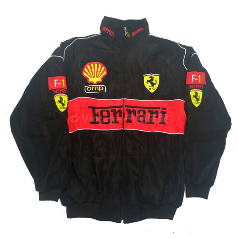 F1 Jaqueta De Corrida Manga Longa Retro Motocicleta Ferrari Team Roupas De Outono E Inverno Algodão Bordado Preto