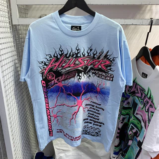 2023SS Novo Hellstar Neuron Tour Azul Relâmpago Chama Impressão Solta Hip Hop Manga Curta Casal Camiseta De Algodão