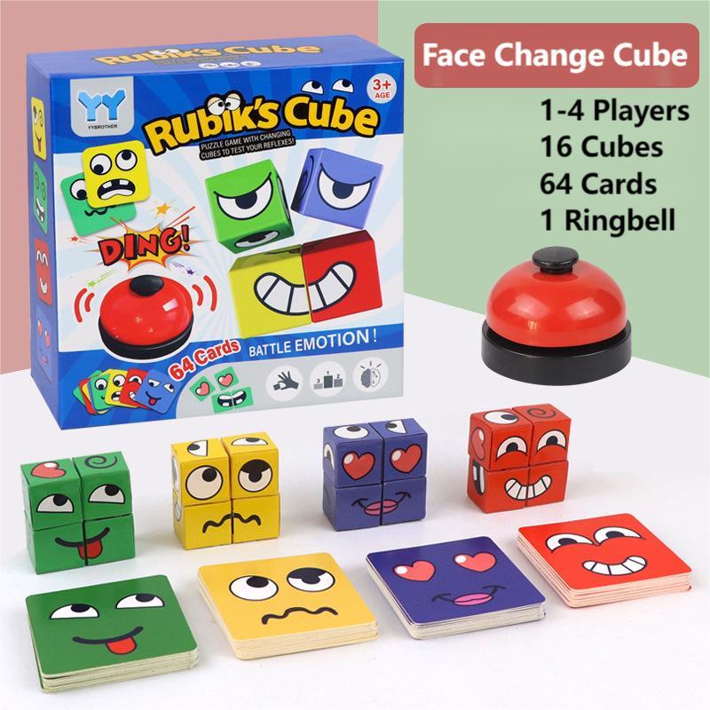 Mudança De Rosto Blocos De Construção Do Cubo De Rubik Com 64 Cartas E Bell Kids Puzzle Board Game Expressões Em Madeira Quebra-Cabeça De Jogos Educacionais Montessori STEM Toy for