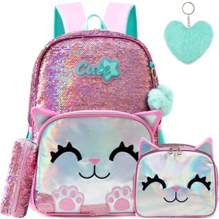 Mochila Metoo para meninas 16" 3 peças mochilas escolares com lancheira para alunos do ensino fundamental mochila de viagem com lantejoulas