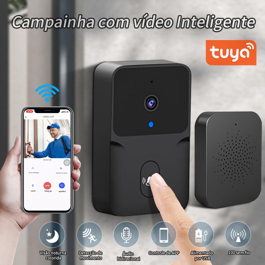 Campainha Com Câmera video porteiro sem fio Wi-Fi Hd Inteligente smart home  ve pelo celular - Recarregável - Escorrega o Preço