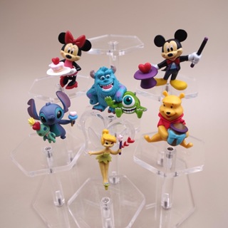 6Pcs/Set 4-4,5cm Disney Cartoon Anime Figura Pooh Bear Stitch Mickey Mouse Minnie Mike Wazowski Sullivan Q Versão PVC Figuras De Ação Modelo Doll Toys