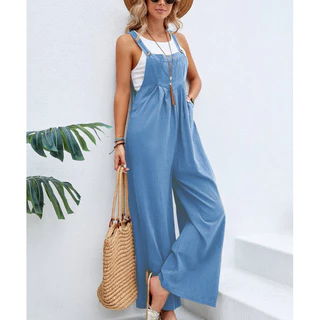 Macacão Casual Feminino Com Botão De Bolso Simples