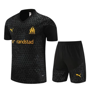 2023/24 Camisa Treino Marseilles Manga Curta Coleira Redonda Camiseta De Treinamento De Futebol + shorts Conjunto Esportivo Preto