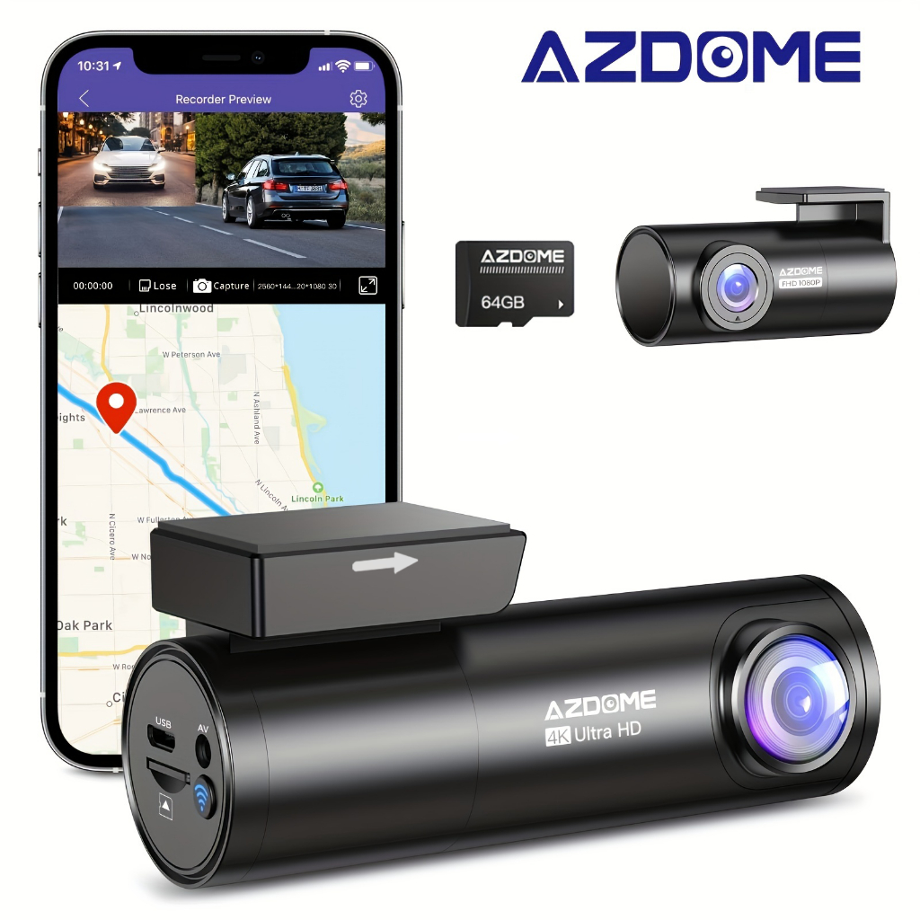 Caméra Voiture AZDOME M550 MAX 3 Canaux - Avant 4K, Intérieur 1080P, Arrière 2.5K, GPS WiFi, écran 3.19''